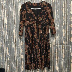PATAGONIA 3/4 Sleeve Black Floral Print Knot Front Dress Size Small